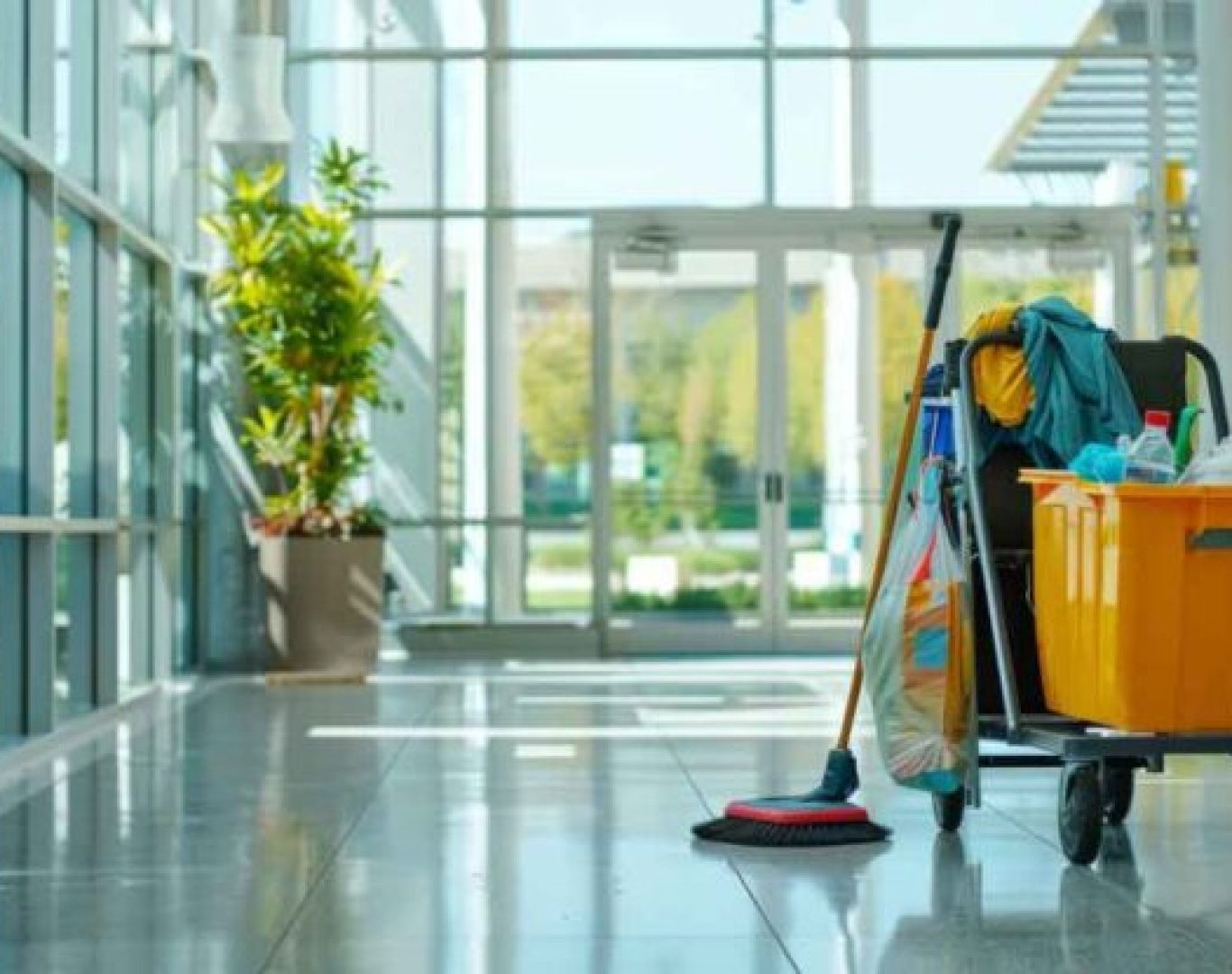 Cleaning crew working inside modern Hialeah office space