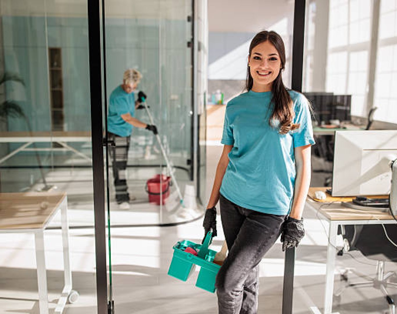 Licensed office cleaning team working efficiently at T & M Services INC.